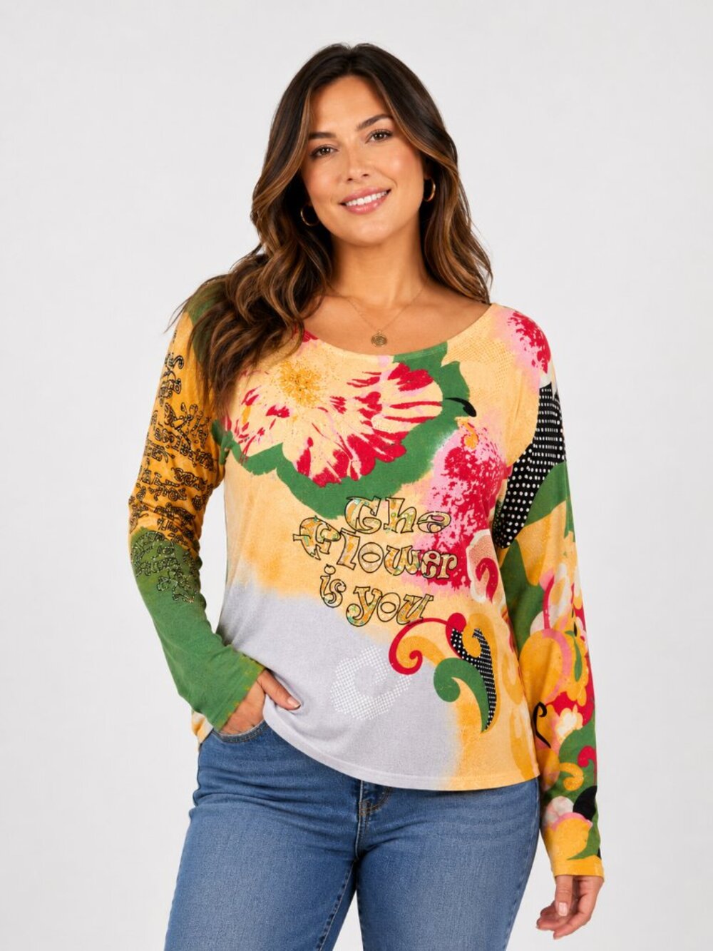 T&L Women's Sweater THE FLOWER IS YOU V-neck Size L Multicolor Sequin